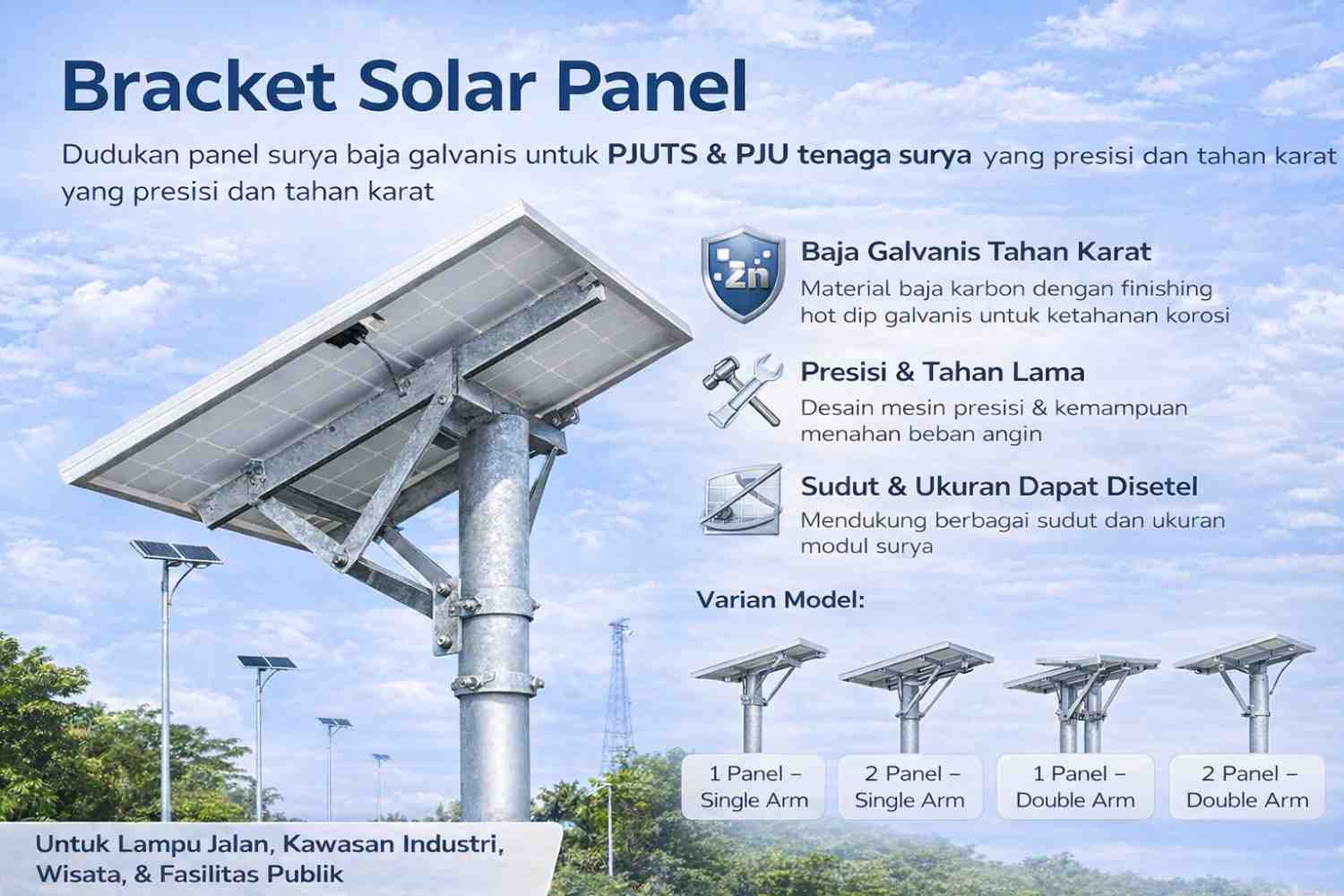 Bracket solar panel PJUTS baja galvanis untuk tiang PJU tenaga surya