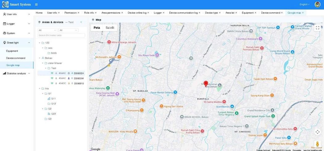Google Map Smart System PJU AC untuk monitoring lokasi lampu jalan
